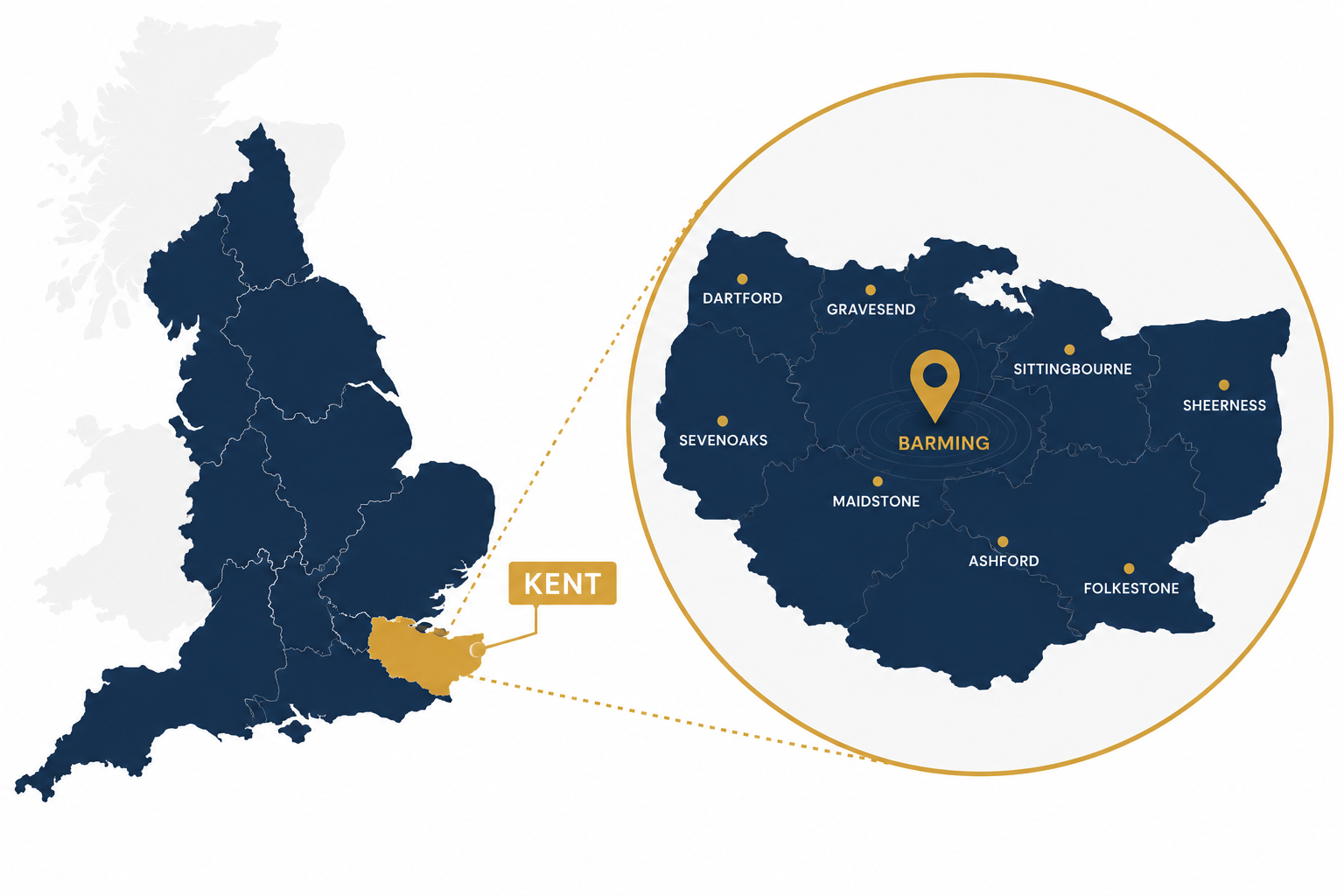 Map of Kent showing JM Electrical's service area around Barming and Maidstone
