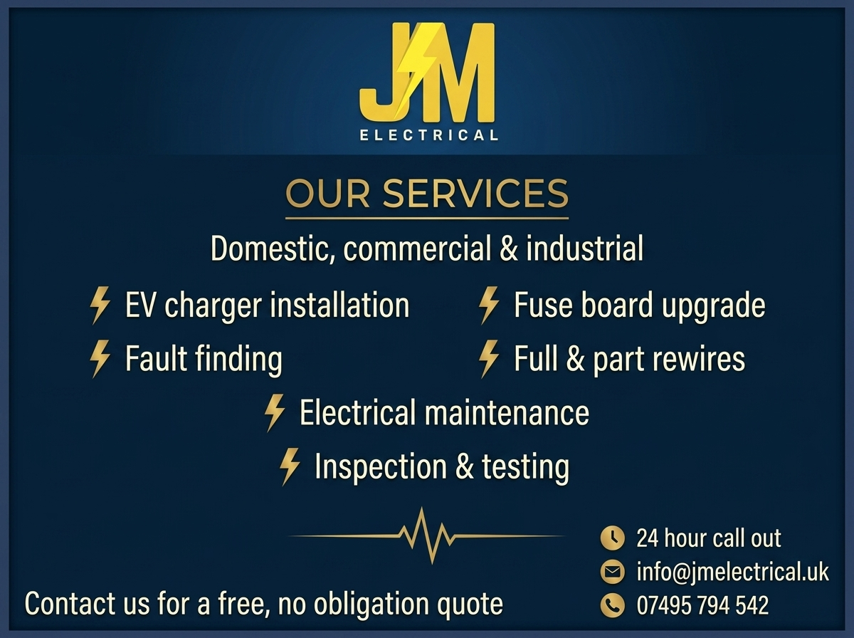 JM Electrical services list: EV charger installation, fuse board upgrades, fault finding, full and part rewires, electrical maintenance and inspection and testing